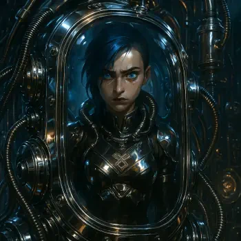 Forum avatar of a stern young person with short dark hair and glowing blue eyes, clad in reflective armor and enclosed in a complex mechanical helmet surrounded by cables.