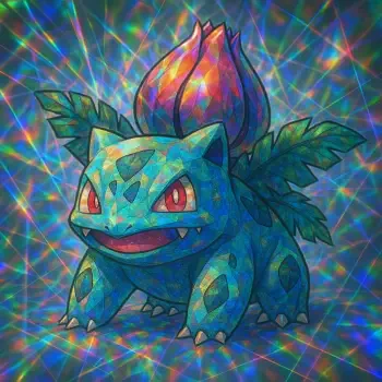 Holographic rainbow-toned Ivysaur Pokémon portrait with bright red eyes and a budding flower on its back, rendered as a vibrant forum avatar/pfp.