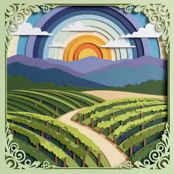 Paper-cut style vineyard at sunset: neat vine rows and a winding path against layered mountains and a rainbow sky, set in an ornate frame — forum avatar/pfp.