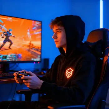 Gamer forum avatar/profile photo: player in a hoodie holding a controller, bathed in blue and orange gaming monitor and LED glow.