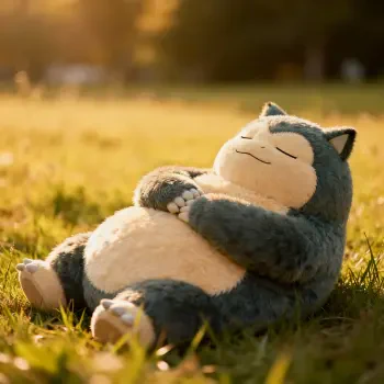 Forum avatar featuring Snorlax (Pokémon) plush reclining in sunlit grass, eyes closed and smiling.