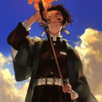 Forum avatar of Tanjiro Kamado (Demon Slayer: Kimetsu no Yaiba) holding a katana aloft in a samurai-like stance against a fiery, cloud-filled sky.