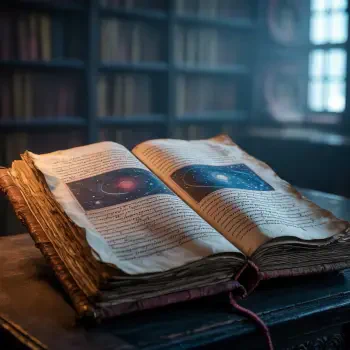 Forum avatar/pfp: open ancient scripture on a table, pages showing celestial illustrations, worn leather binding and blurred library shelves bathed in soft light.