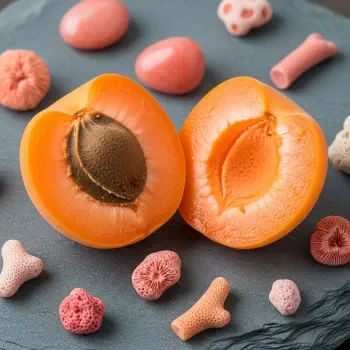Close-up apricot halves on a slate surface with pit visible, surrounded by pink coral-like candies — bright, stylized forum avatar/pfp.