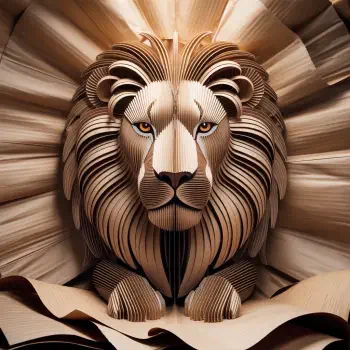Paper-sculpted lion with radiant mane and golden eyes, Leo (astrology) themed forum avatar/profile photo.