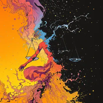 Colorful Libra astrology avatar: abstract cosmic figure holding scales between molten orange and starry black space, stylized profile image for a forum/pfp.