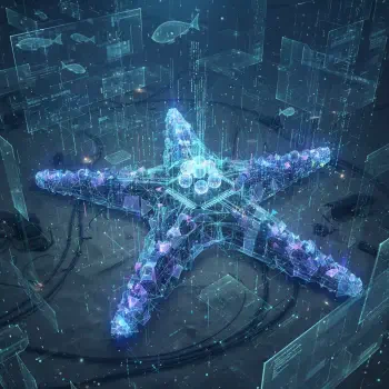 Neon blue-purple digital starfish with circuit-like geometry and floating data particles, rendered as a sci-fi forum avatar/profile photo.