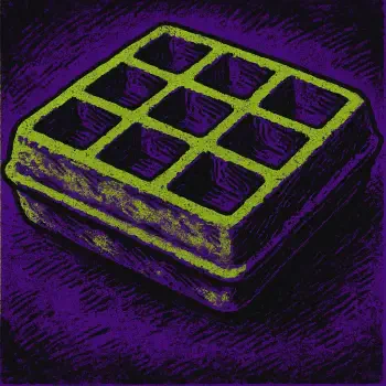 Stylized neon-green square waffle illustration on a bold purple textured background, designed as a forum avatar/pfp/profile photo.