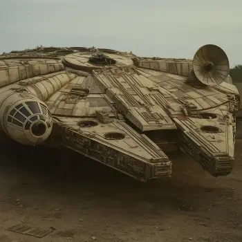 Low-angle close-up of the Millennium Falcon on dusty ground, weathered and detailed, presented as a forum avatar/profile photo.