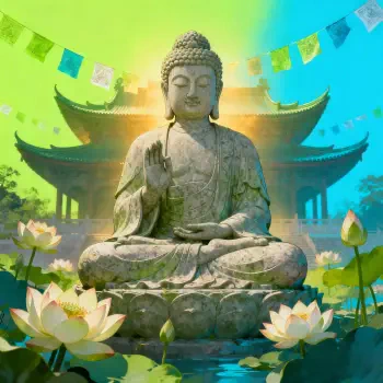 Stylized forum avatar/profile photo of a serene stone Buddha seated in lotus pose before a temple, surrounded by lotus flowers and prayer flags.