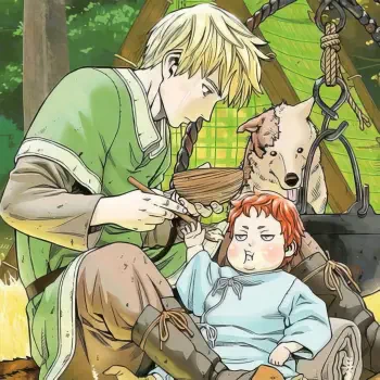 Anime avatar of Thorfinn (Vinland Saga) at a forest campsite, feeding a chubby toddler with a dog watching — stylized forum profile picture.