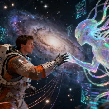 Contact — forum avatar: astronaut reaching toward a luminous iridescent alien before a spiral galaxy, linked by glowing data ribbons and floating holographic code panels.