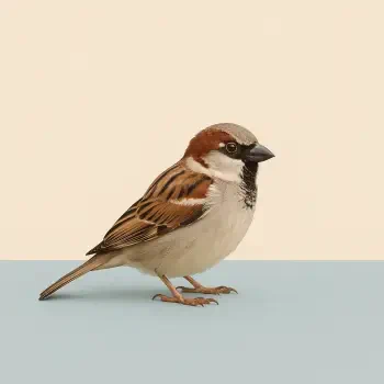 Forum avatar/profile photo: detailed illustration of a brown-and-white sparrow standing on a pale blue surface against a cream background.