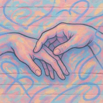 Pastel forum avatar showing human touch: two hands reaching to lightly touch, set against a swirled, multicolored background.