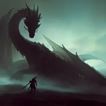 Forum avatar/profile photo: Fourth Wing dragon silhouette looming through fog above a lone swordsman.