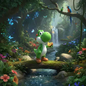 Forum avatar/profile photo of Yoshi standing on a mossy log over a stream in a sunlit forest with a waterfall, butterflies, colorful flowers, and holding a fruit.