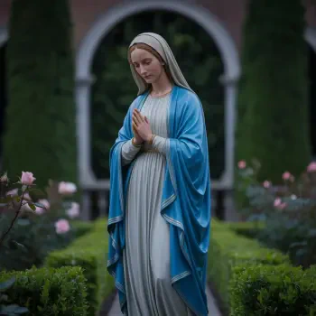 Forum avatar of the Virgin Mary statue standing with hands clasped, blue mantle over a white robe, set on a garden path framed by roses and an arched background.