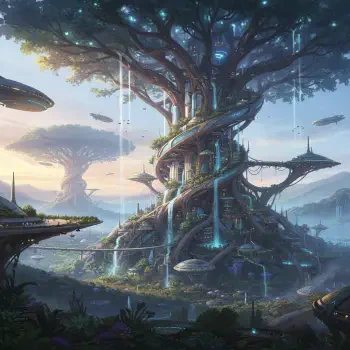 Forum avatar: a glowing futuristic tree-city spiraling upward with cascading light streams, floating platforms and distant airborne isles beneath a soft sunset.