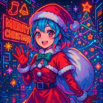 Vibrant anime forum avatar of a blue-haired girl in a Santa outfit, waving with a sack of gifts against a neon cityscape dotted with lights and a glowing Merry Christmas sign.