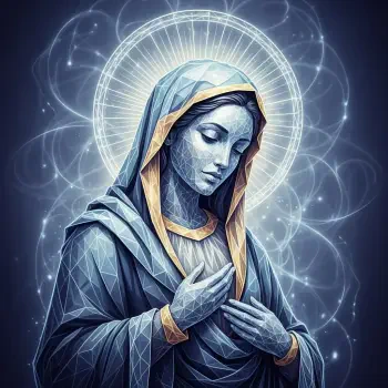Haloed stylized portrait of Mary, Mother of Jesus, in geometric art with folded hands — luminous profile avatar/pfp.