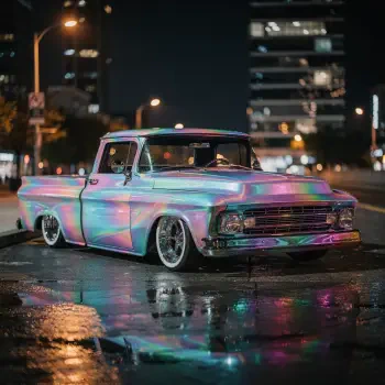 Iridescent lowrider truck parked on a wet city street at night, neon reflections — stylized as a forum avatar/profile photo.
