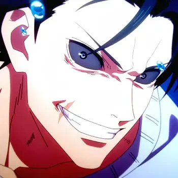 Close-up anime forum avatar of Toji Fushiguro (Jujutsu Kaisen), grinning with sharp, intense eyes and a blue bead earring.
