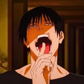 Forum avatar of Toji Fushiguro (Jujutsu Kaisen): anime boy with dark hair, mouth agape and finger near his tongue, shadowed face and intense, provocative expression.