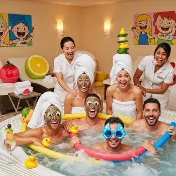 Spa-themed forum avatar/pfp: joyful group in a bubbly hot tub wearing face masks and cucumber slices, surrounded by rubber ducks and smiling attendants.
