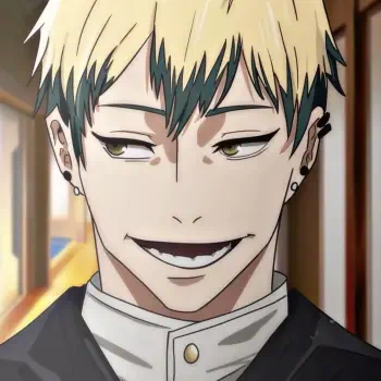 Forum avatar: close-up of Naoya Zenin (Jujutsu Kaisen), smirking blond anime boy with green eyes, black-streaked bangs, school uniform collar and earrings.