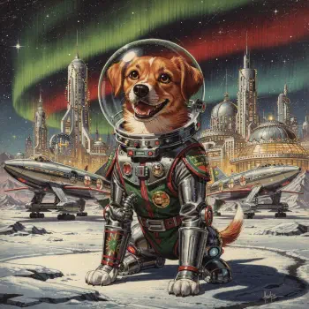 Forum avatar/pfp: smiling dog in a retro spacesuit on a snowy alien plain with starships, domed futuristic city and green aurora overhead.