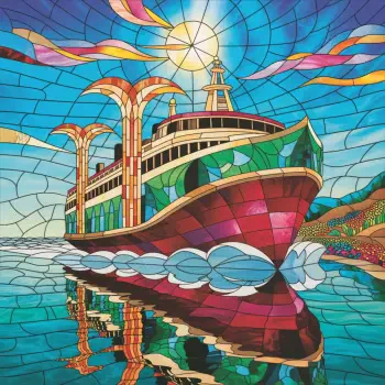 Colorful stained-glass–style ferry with sunlit sky and vivid reflection on water, presented as a bold forum avatar/profile picture.