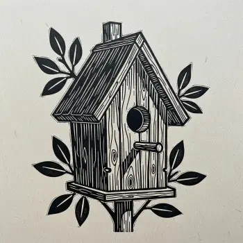 Black-and-white stylized wooden bird house illustration with leafy accents, displayed as a forum avatar/profile photo.