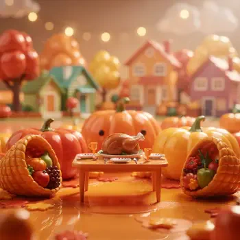 Aesthetic Thanksgiving forum avatar/pfp: miniature autumn village scene with pumpkins, cornucopias and a tiny roasted turkey on a table, warm orange glow and bokeh lights.