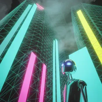 Forum avatar/pfp: reflective chrome humanoid robot looks up amid neon-grid skyscrapers in teal, pink and yellow under a foggy cyberpunk sky.
