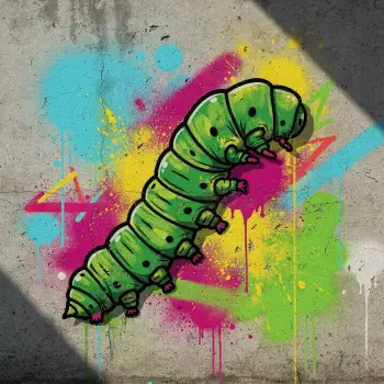 Graffiti-style green caterpillar painted on concrete with neon pink, blue and yellow splashes — displayed as a forum avatar/pfp.