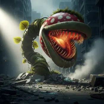 Forum avatar/profile photo of a menacing piranha plant with serrated teeth and a glowing throat rising from rubble in a misty, ruined city street.