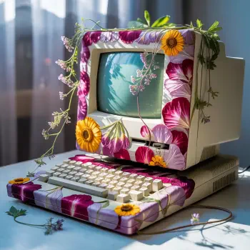 Retro Windows CRT PC wrapped in pink petals, sunflowers and trailing vines — whimsical forum avatar/profile picture.