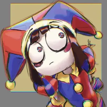 Forum avatar of Pomni from the TV show The Amazing Digital Circus — wide-eyed jester in a colorful patchwork costume.