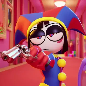 Forum avatar of Pomni from the TV show The Amazing Digital Circus: jester outfit, heavy-lidded eyes, aiming a silver revolver in a vivid pink hallway.