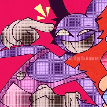 Forum avatar of Jax from the TV show The Amazing Digital Circus — grinning purple rabbit-like character pointing with a gloved hand against a vibrant halftone pink-red background.