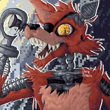 Video game forum avatar of Foxy from Five Nights at Freddy's — grinning red animatronic with exposed endoskeleton, hook hand and glowing yellow eye.