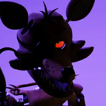 Forum avatar of Foxy from the video game Five Nights at Freddy's: shadowed animatronic fox with one glowing red eye, jagged teeth and a purple background.