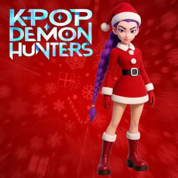 Forum avatar of Rumi (KPop Demon Hunters) in a red Santa outfit with purple braided hair and boots on a Christmas-themed red background.