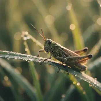 Forum avatar/profile photo: a green grasshopper perched on a dew-covered blade of grass, captured with soft bokeh background.