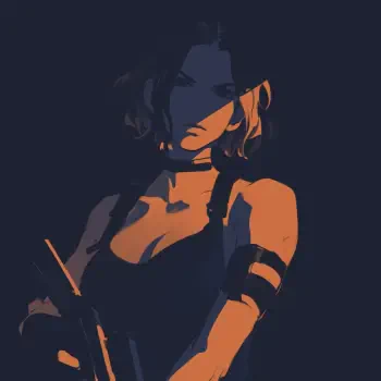 Blue-toned anime-style forum avatar of Resident Evil character Jill Valentine — shadowed woman in a tank top and choker, holding a handgun with a stoic expression.