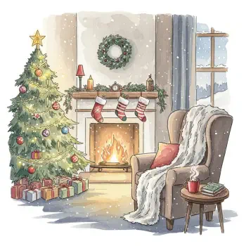 Cozy Christmas forum avatar — illustrated living room with decorated tree, roaring fireplace, stockings, wreath, armchair with blanket, gifts and a mug.