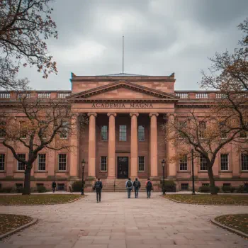 Forum avatar showing a stately university building with classical columns and students on the front pathway, framed by bare trees under an overcast sky.