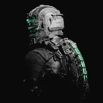 Dead Space–style video game cyborg in black armor with green-lit visor and glowing spinal rig, presented as a forum avatar/profile picture.