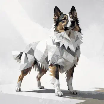 Polygonal sheepdog portrait used as a forum avatar/pfp, standing alert with a proud stance.