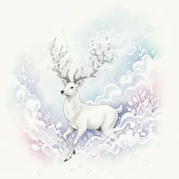 Illustrated white stag with ornate frosty antlers amid pastel clouds — whimsical forum avatar/profile photo.